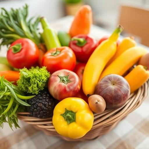 A close up shot of colorful, fresh fruits and vegetables arranged in a basket on a table, representing healthy eating habits.