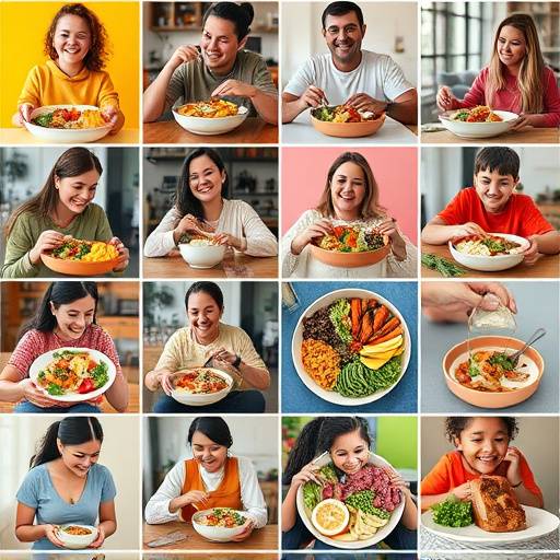 A collage depicting people of different ages enjoying healthy meals together