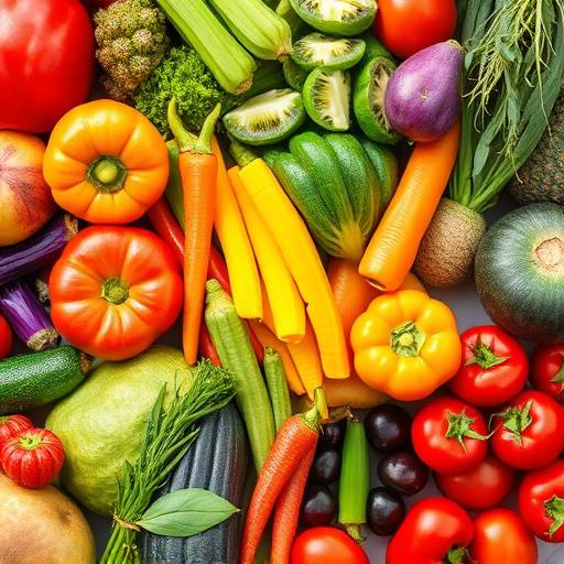 A colorful assortment of fresh fruits and vegetables, representing a balanced diet