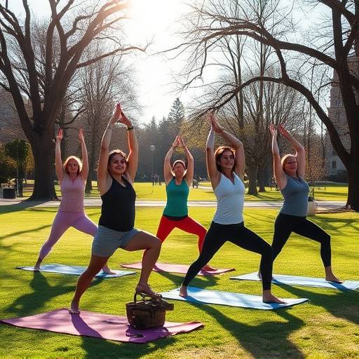 A group of people happily doing yoga outdoors in a Sacramento park during a sunny day.