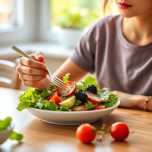 A person mindfully eating a healthy salad at a well-lit table