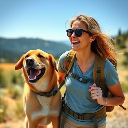 Image of Emily Carter, a woman in her late 30s, laughing while hiking with her dog.