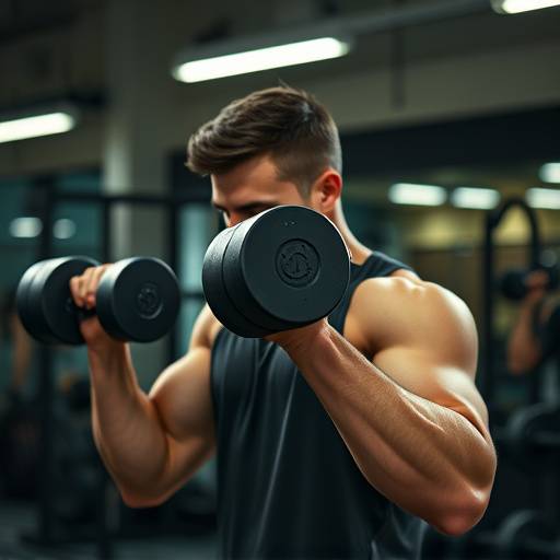 Person lifting dumbbells in a gym, demonstrating strength training.
